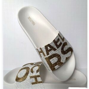 Sz10 nwot michael Kors Gilmore pool slide sandals w/logo bling gold white rhines